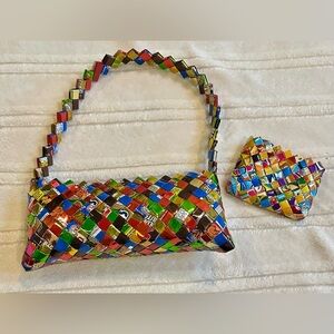 Colorful Woven Candy wrapper Handbag and Coin Purse Set - excellent condition